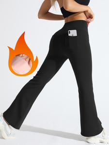 women's solid color high waist sports flare leg leggings, casual comfy pocket design bell bottom trousers for yoga gym workout running, ladies sportswear for fall & winter