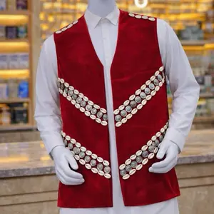 Red Velvet Afghan Vest with Shell Design – Men’s Traditional Wear
