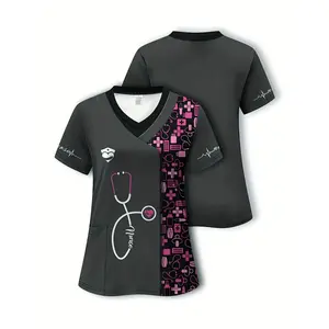 Women's V-Neck Short Sleeve Nurse Scrub Top with Stethoscope & Heartbeat Graphic Print, Functional Pockets, Black & Pink Medical Uniform, Casual Polyester Healthcare Attire