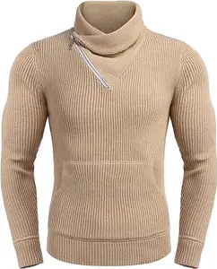 COOFANDY Men's Knitted Turtleneck Pullover Shawl Collar Sweaters Slim Fit High Neck Sweater with Pockets Casual Fashion Long Stylish Fabric