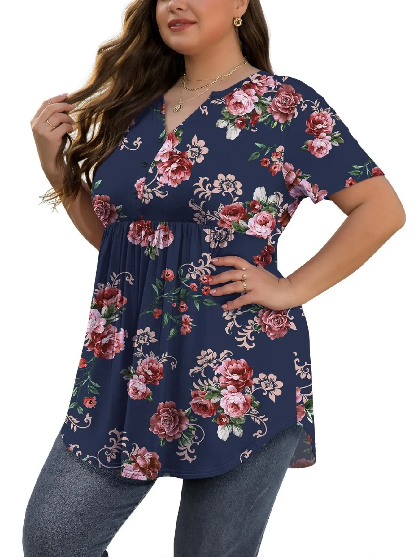 Elegant Plus Size V-Neck Button Front Floral Print Short Sleeve Top, Fashionable Chic Women's Casual Summer Blouse, Comfortable and Stylish, Elegance