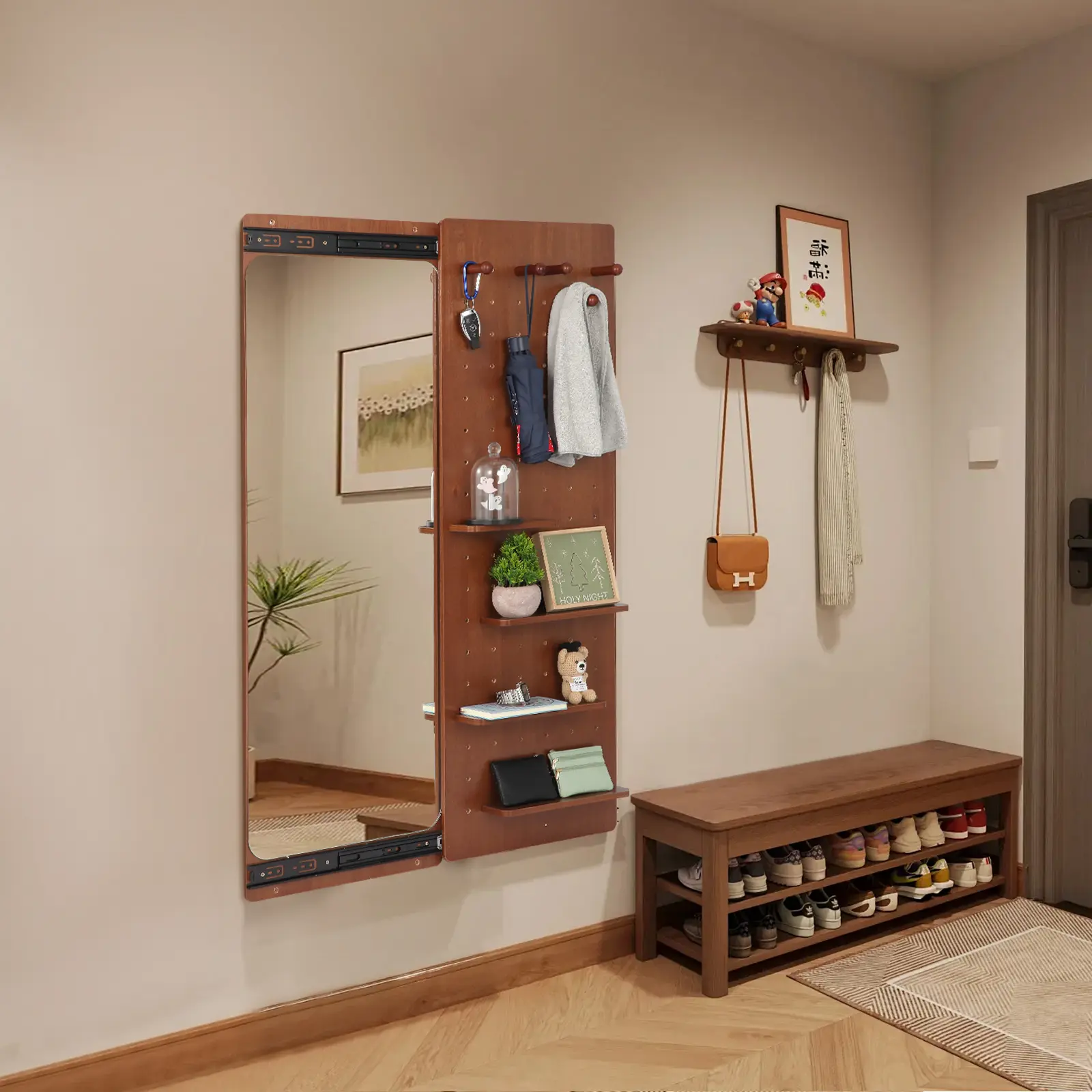 Walnut Rubber Wood Frame Rectangular Full Body Mirror - Wall-Mounted, 47.6x15.7in High-Def Reflect, Multifunctional with Shelf & Hook, Push-Pull Removable Panel, Easy Install, Room Storage, Decoration for Bedroom & Entrance