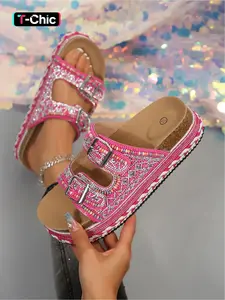 Women's colorful beaded woven platform sandals with adjustable double buckle straps, rhinestones, open toe, thick sole, suitable for beach vacations, everyday versatile casual slippers, Peep Toe Sandals