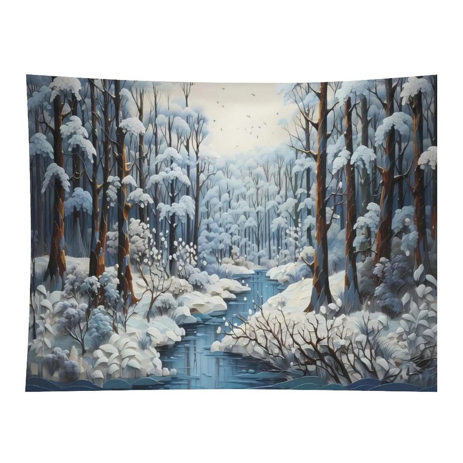 Winter Snowy Forest River Scenery Tapestry, Snow Covered Trees Stream Landscape Wall Hanging for Bedroom Home Decor