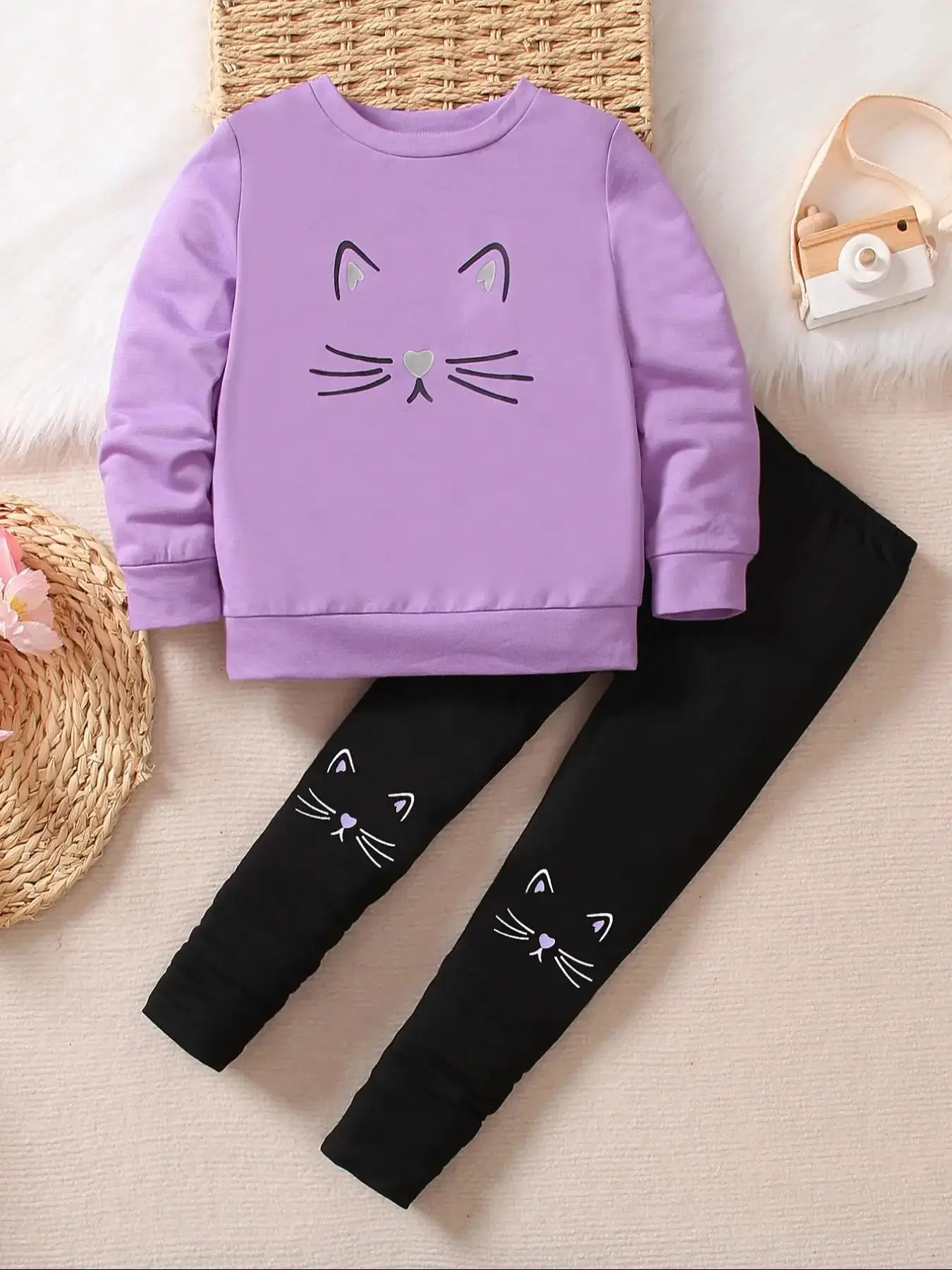 Two-Piece Set Toddler Girl's Cat Print Sweatshirt & Leggings Set, Cute Long Sleeve Round Neck Pullover & Skinny Pants for Spring & Fall, Kids Clothes