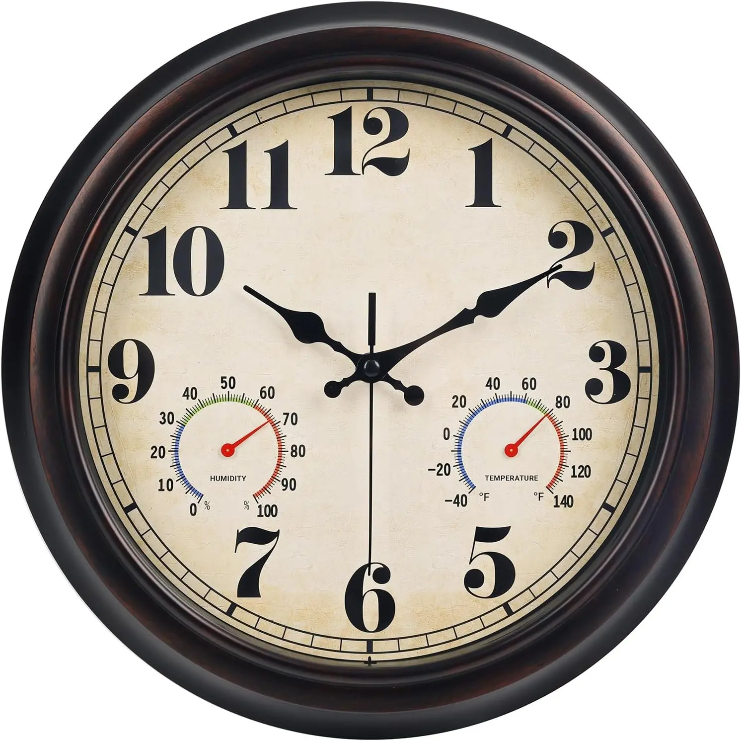 13 Inch Red-Brown Vintage Waterproof Wall Clock with Thermometer & Hygrometer, Large Silent Numerals & Accurate Timekeeping for Indoor & Outdoor(Garden,Porch,Pool)