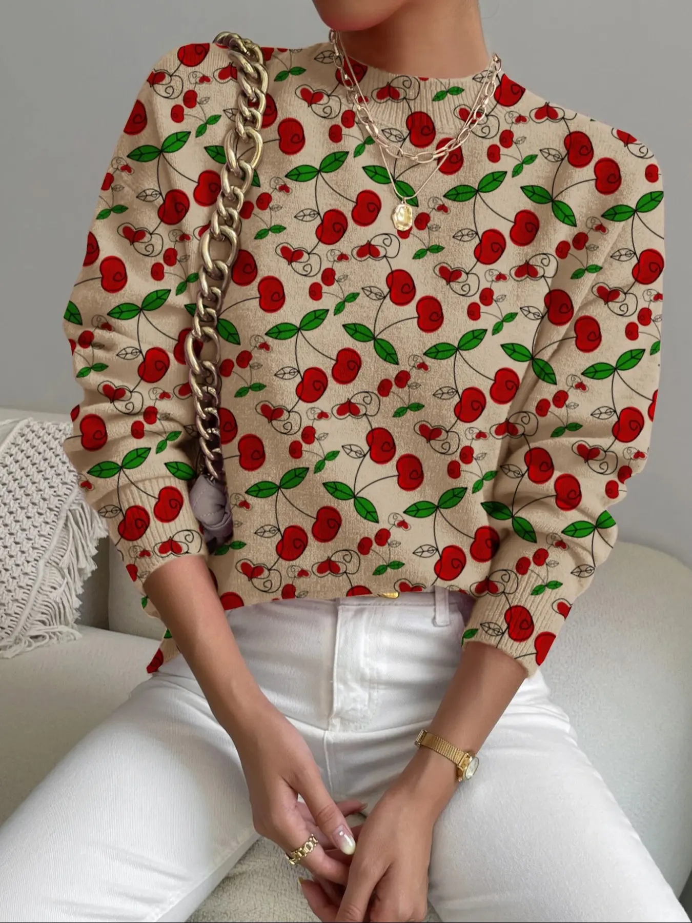 Women's Cherry Print Stand Collar Sweater, Fall Winter Casual Long Sleeve Knitwear, Comfortable Warm Daily Wear, Elegant Loose Fit Top