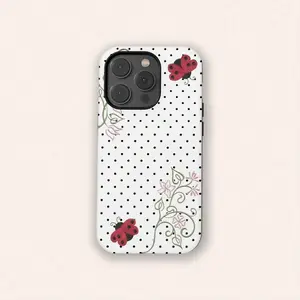 for iPhone 13.Black & White Polka Dot Phone Case With Red Ladybug, Retro Minimalist Y2K Soft Girl Style, Suitable For IPhone 17 Pro Max, 16e, 15 Pro, 14 Plus, 13, 12, 11 Pro Max