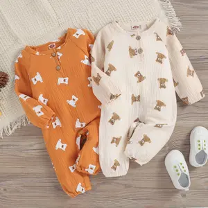 Baby Girls Boys Cartoon Jumpsuit, Toddlers Autumn Creative Little Bear Printing Front Button Long Sleeve Round Collar Romper