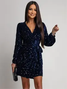 Fashion Sequined Knot Waist Twist Long Sleeve Short Dress, Elegant Light Luxury Chic Style, Perfect for New Year Party, Bff Getaway, Evening Events, Formal Wear, Womenswear