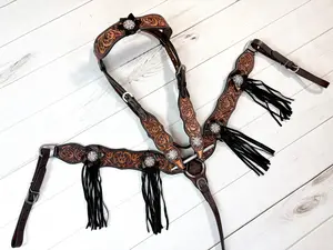 Tulip Leather Tooled Black Tassel Tack Set