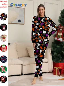Women's Halloween Christmas Ghost Pumpkin Print Long Sleeve Top and Pants Set, Soft Holiday Pajama Set, Casual Fitted Style