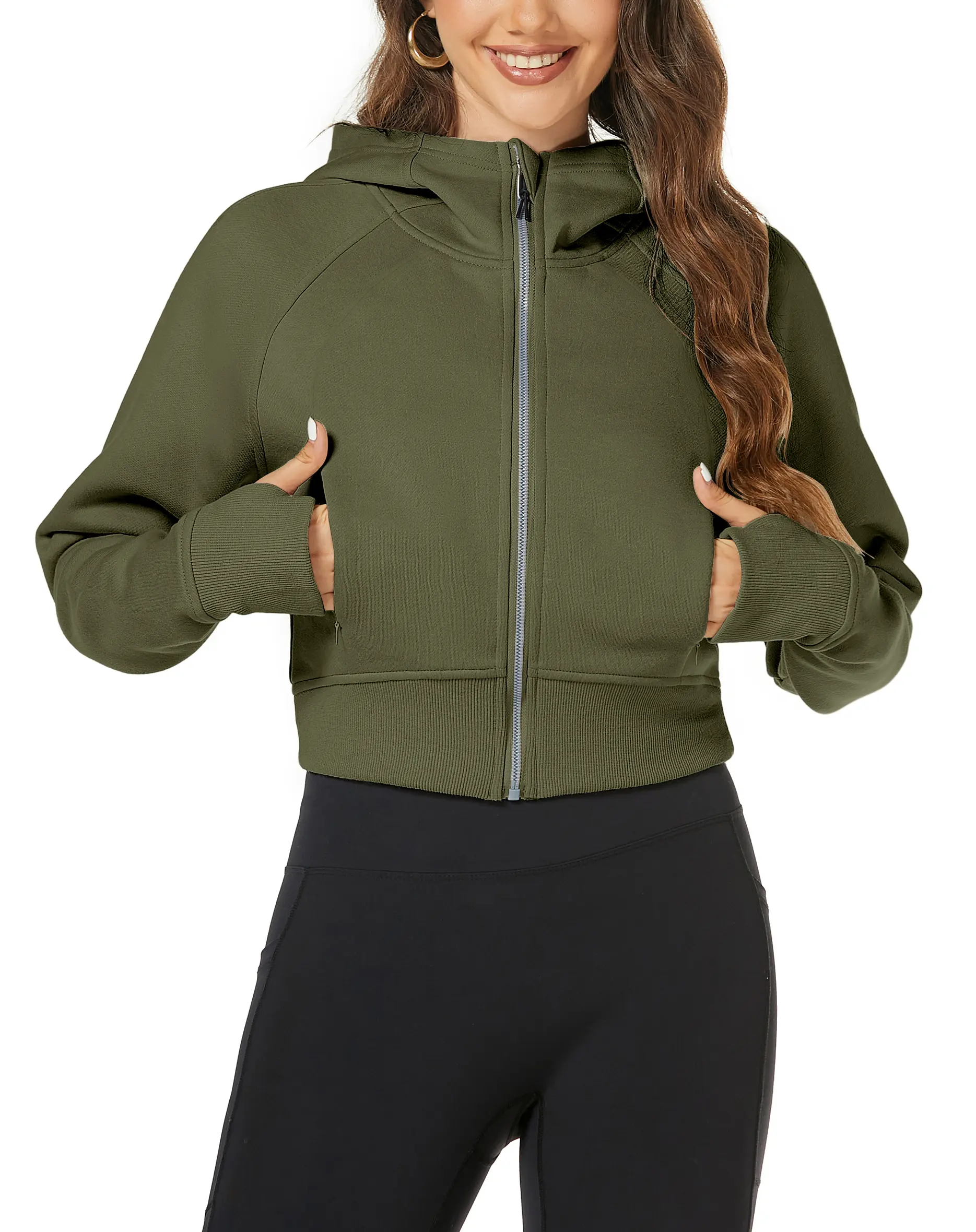 Women's Polyester Fabric Cropped Zip-Up Hoodie - Slim-Fit Comfortable Fleece-Lined Long-Sleeve Workout Jacket with Thumb Holes, Hidden Pocket