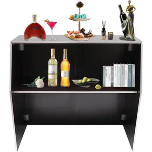 Portable Folding Event Bar, Mobile Bartender Station with Top and Middle Shelves, Mobile Foldable Bar Cabinet for Parties, Events, and Home Use (Black Brown)