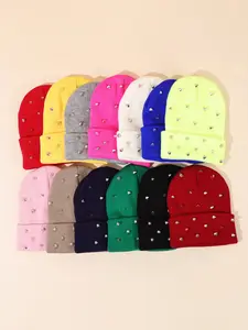 Women's Fitted Knitted Beanie Hat, Rhinestone & Pearl Embellished Design, All-Seasons Wear, Plain Style, Ideal for Daily Use, Knitting Beanie