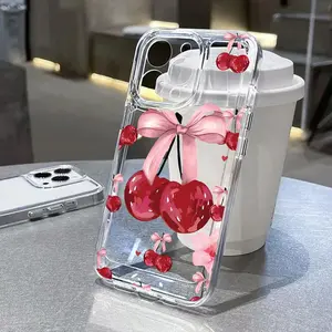 Cute Cherry Bow pattern Phone Case For Iphone 11 12 13 14 15 16 17 Pro Max Plus 17Air Transparent Simple Perfection Soft Cute Case Cover