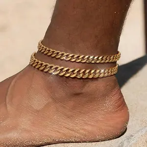 1 Pc Golden Cuban Chain Design Anklet Stainless Steel Jewelry Elegant Punk Style For Women Summer Beach Foot Chain