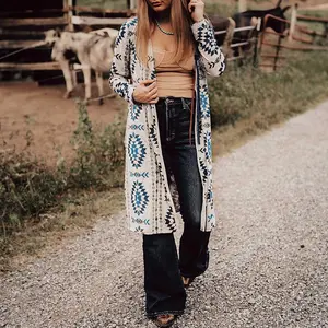 Sky Blue Western Aztec Printed Open Front Long Cardigan