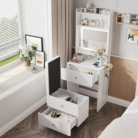 Vabches Adjustable Vanity with Mirror - Glow-ready Mirror, Built-in Charging Station & Power Outlet, Dresser Organization, Drawers, Sturdy White/Pink Indoor Furniture, Fancy Vanity, Assembly Required, Girls' Gift [tiktokshopstockup]