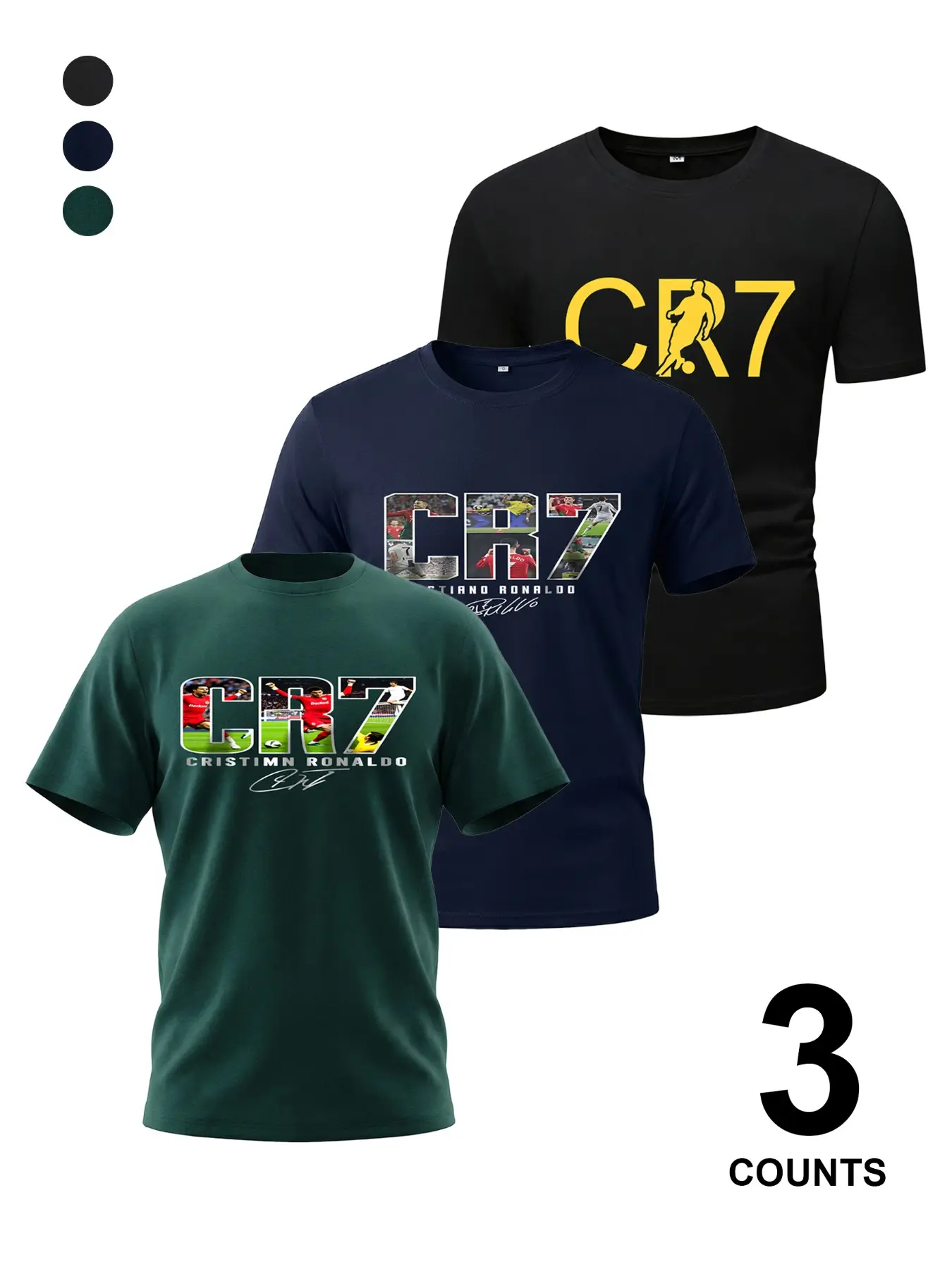 Men's Summer Daily CR7 Cristiano Ronaldo Signature Print Three-Piece Crew Neck Short Sleeve T-Shirt Home Outdoor City Regular Trend Street Casual Youth Simple Campus Vintage Nature Versatile Texture Temperament Personality Sport Streetwear