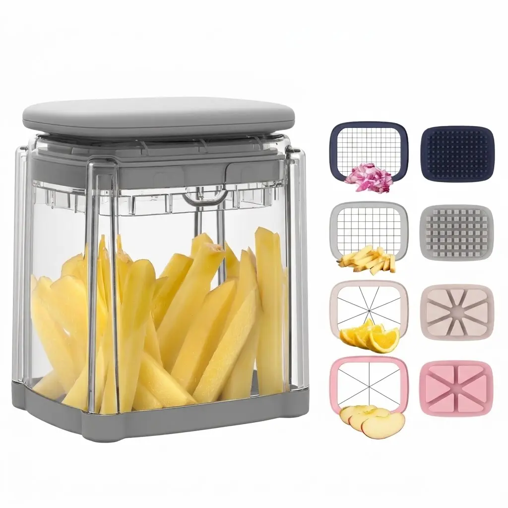 French Fry Cutter Potato Onion Cutter Veggie Chopper Dicer 4 in 1 Stainless Steel Slicer for Carrots Cucumbers Zucchini Pepper Uniform Cuts Non-Slip Base Dishwasher Safe Save Time in Kitchen Every Day