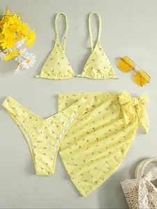 Three-Piece Set Women's Ditsy Floral Print Bow Decor Swimsuit Set, Summer Clothes Women, Adjustable Strap Triangle Bikini Bra & High Cut Bikini Panty & Asymmetrical Cover Up Skirt Set, Women's Swimwear