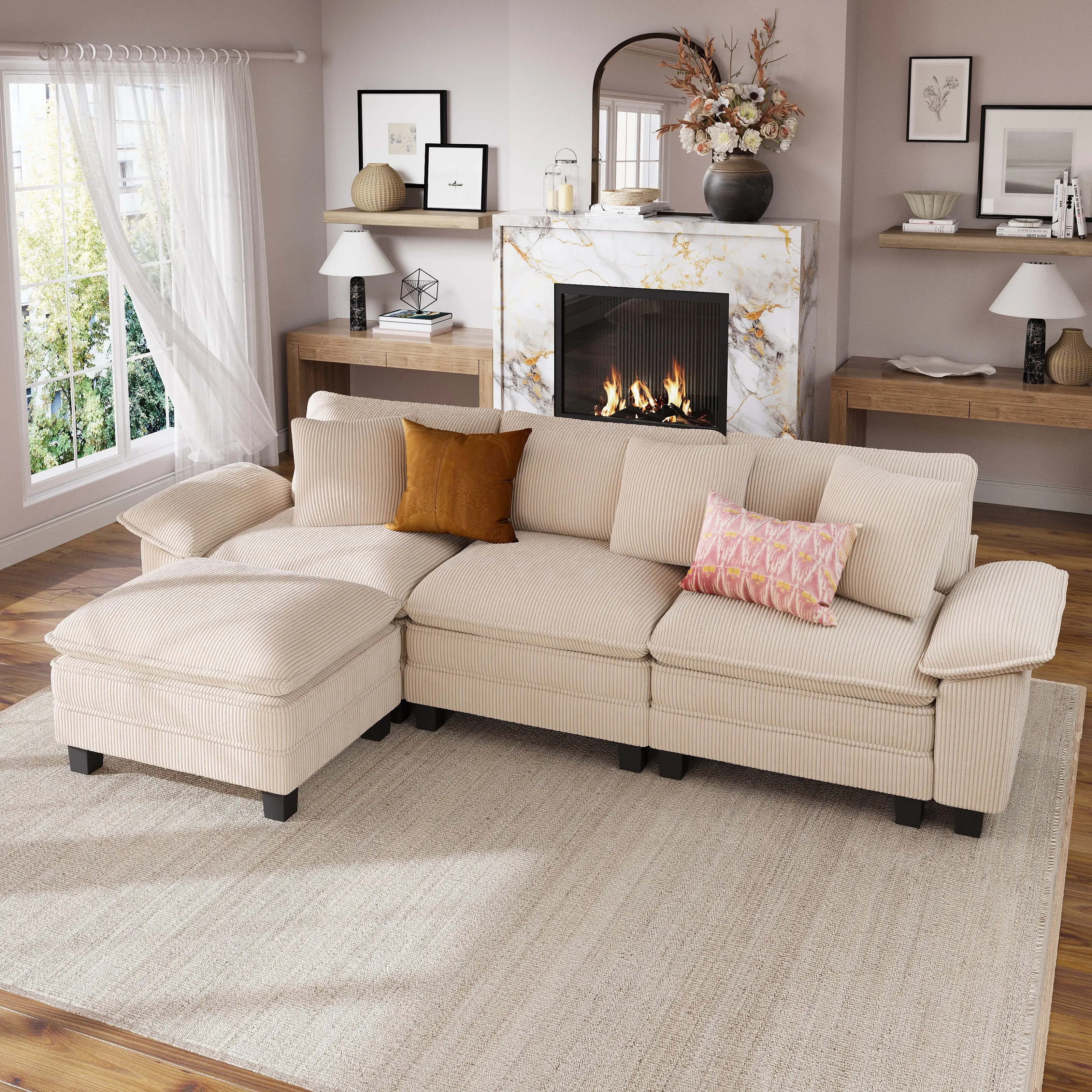 PHI VILLA 123.6" L Shaped Couch, Modular Sectional Sofa with Ottoman, 4-Seat Corduroy/Chenille Comfy Cloud Couch with Pillow for Living Room, Bedroom and Apartment, Father's Day Gift, Summer Day