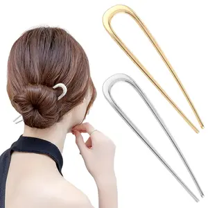 Metal U-Shaped 2 Prong Hair Pins for Thick and All Hair Types - 5.5inch Large Elegant Bun Sticks, 2 Pack Gold