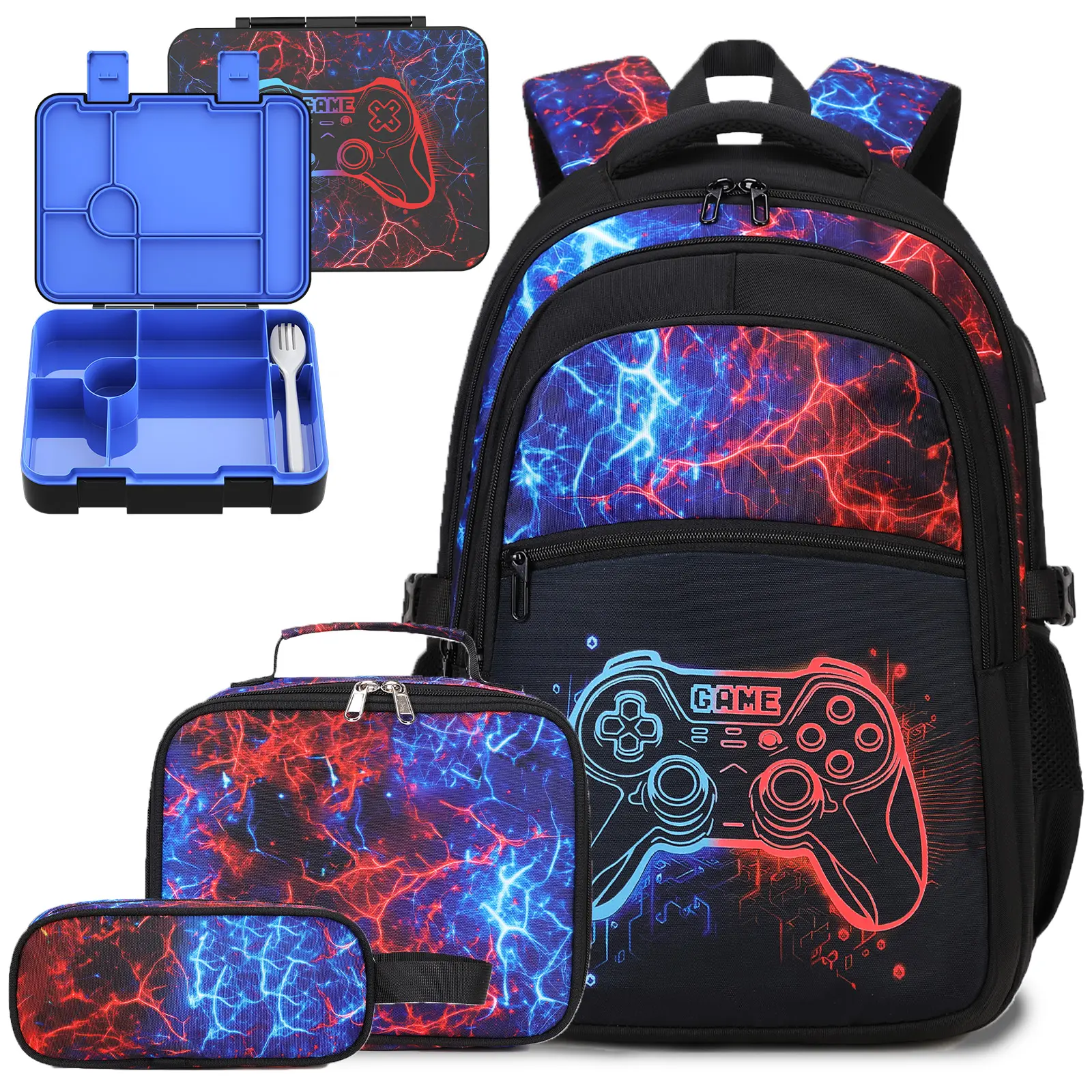 4PCS Boys Backpack for School, Cool Luminous Gamer Rolling Backpack for Boys with Lunch Bag&Pencil Case&Lunch Box, Kids Backpacks Bookbag for Teen Boy Elementary Middle High School with USB Charging Port, Back to School Gift, Birthday's Gift