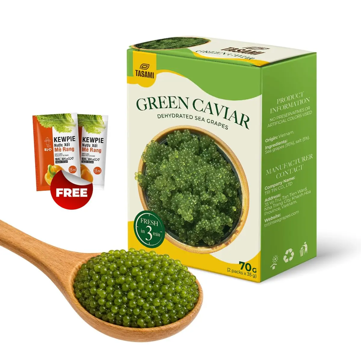 TASAMI Sea Grapes Pearls – 1.4oz (2 packs x 0.7oz) with sesame sauce | Organic green seaweed, Umibudo Lato | Vegan, gluten-free, low calorie, superfood for salads & sushi | Supports immunity