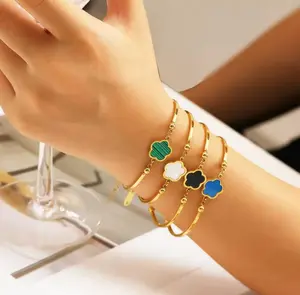 Shell Women's Waterproof 4-Leaf Shell Stainless Steel Bracelet - Adjustable Size, Casual Daily Fine Fashion Jewelry Bangle