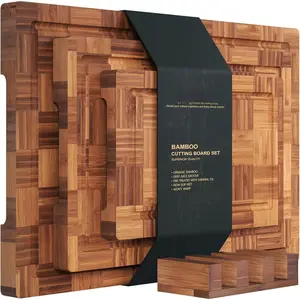 Boards for Kitchen,Chopping Boards Set with Juice ,End Grain  Butcher Block,Serving Board with Holder(3 Pcs)