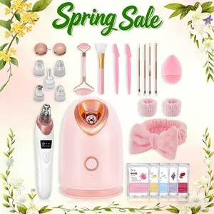 Pjordo 7-in-1 Nano Ionic Facial Steamer and Spa Kit for Deep Cleansing with Blackhead Remover Pore Brush in Pink Professional Home Use facial kit for girls  for her