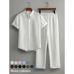 Two-Piece Set Men's Linen Set, Casual Plain Short Sleeve Button Up Shirt & Pants Set for Summer, Men's Clothes for Beach Vacation, Menswear