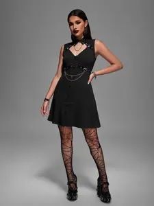 Rgothic Gothic A-Line Mini Dress with Chain Motif Cutouts & Buckle Detail Women's Sleeveless Summer Outfit Black Cotton Dress with Buttons