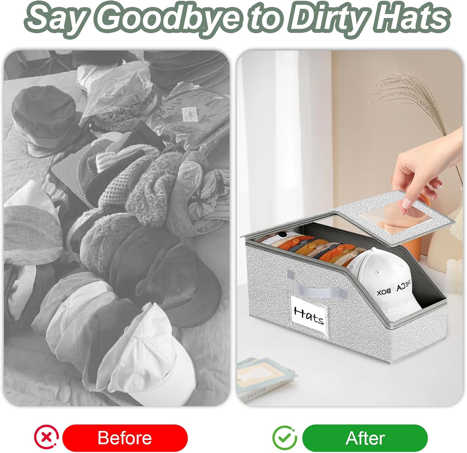 2 Pack Hat Storage Organizer for Baseball Caps – Stackable, Foldable Fabric Boxes with Transparent Lid, Holds Up to 24 Caps, Reinforced Cardboard Base, Dustproof, Easy Access & Portable, Ideal for Home, Dorm, Closet, Bedroom, Shelf, or Travel