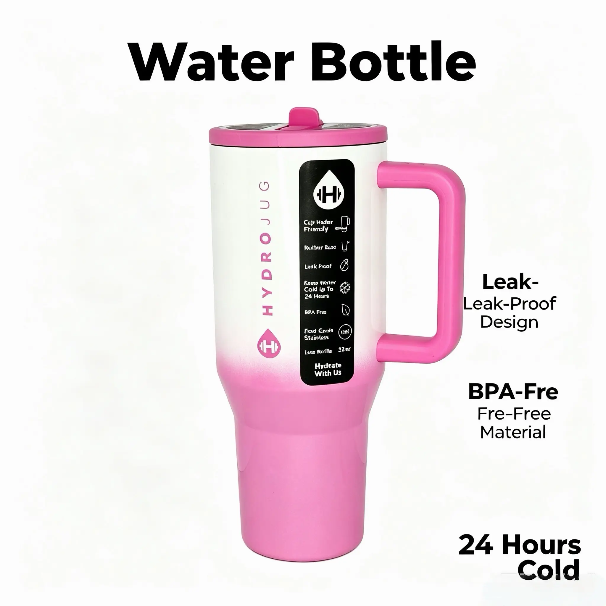 HydroJug 32oz Stainless Steel Cylindrical Tumbler - Pink Gradient Print Thermal Cup, Vacuum Insulated Flask, Insulated Travel Drinkware with Handle, Portable Lid, Sturdy Design