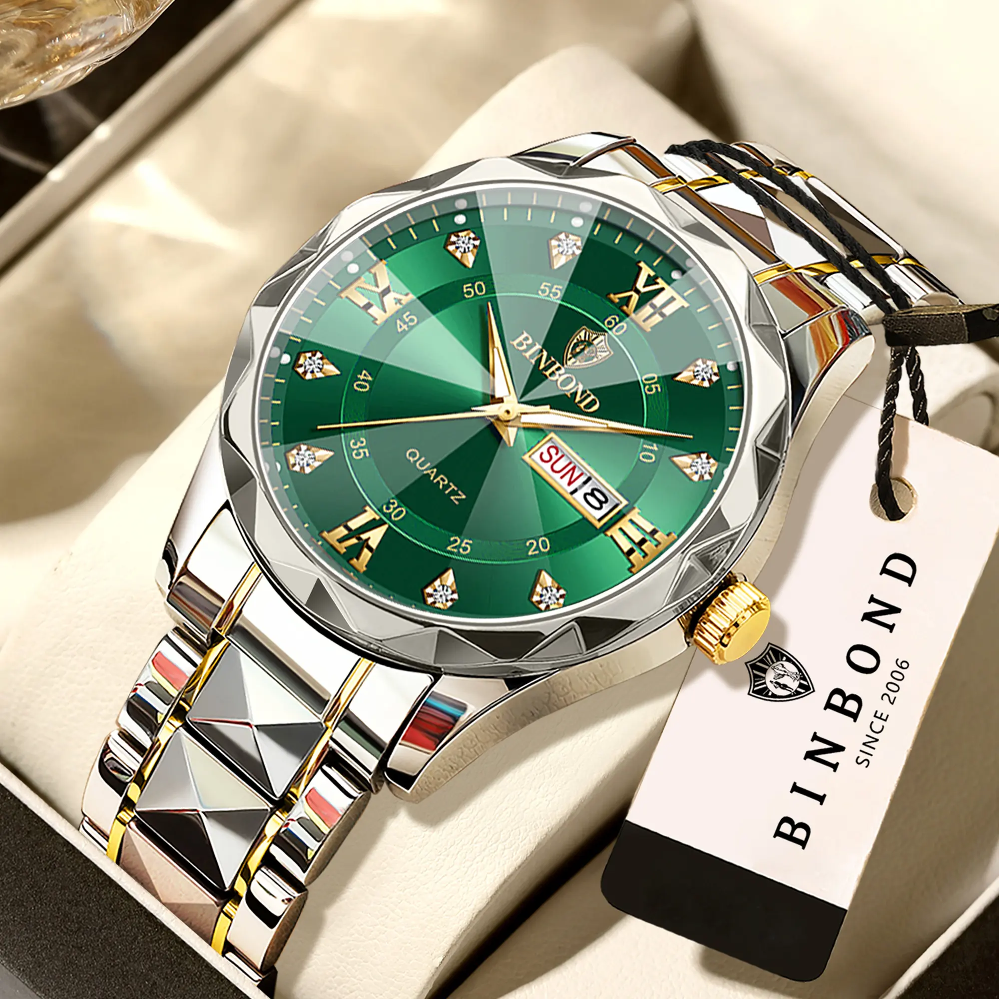 BINBOND --  Watch for Men Business Luxury Steel Strap Analog Quartz Moon Phase Chronograph Waterproof Men Wrist Watch