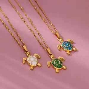 Exquisite Trend Gold Color Stainless Steel Simulation Green Sea Turtle Zircon Pendant Necklace for Women Collar Chain Jewelry
