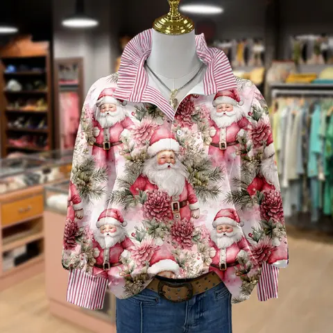 Cherrybetty Vintage Christmas Santa Print Striped Long Sleeve Top with Festive Floral Design and Striped Collar Going Outfits Blouses 90s Tops Funny Shirts for Women