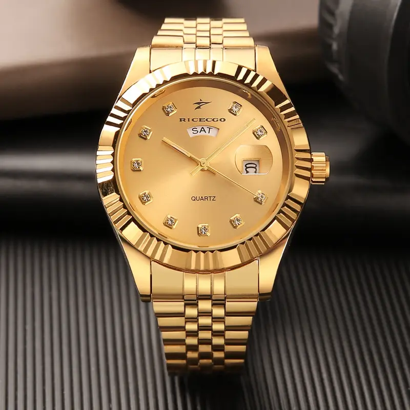RICECGO Men's Quartz Casual Watch, Durable Watch, Quartz Analog Wristwatch, Analogue Quartz Watch, dial with diamond hour markers, Hardlex Glass, dual calendar display, Powered by quartz movement, durability with styling, Analog Watches