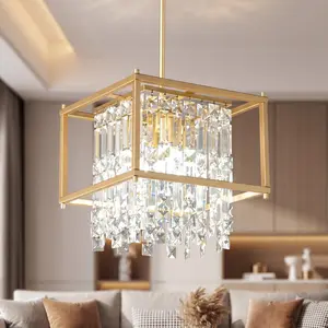 Modern Gold Square Crystal Chandelier, Luxury Adjustable Height Dimmable K9 Crystal Pendant Light, 4-Light Fixture for Kitchen Island Dining Room Hallway Foyer Closet Balcony, E14 Base, Bulbs Not Included