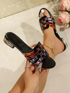 Women's Summer New Chunky Heel Sandals, Colorblock Patchwork, Fashion Shiny Heel, Slip-On Comfort, Ideal for Daily Commute, Vacation Wear