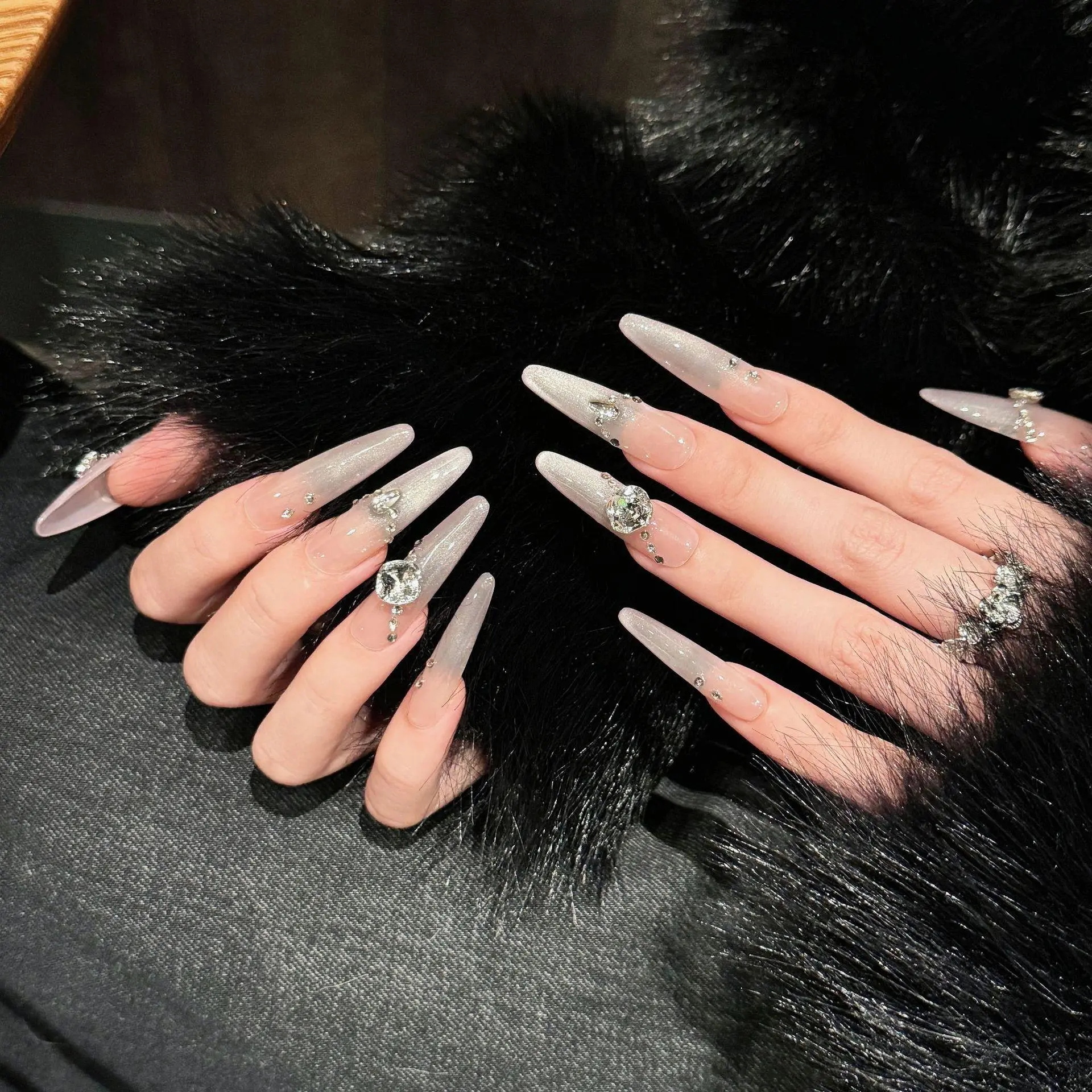 10 PCS Luxury Handmade Press on Nails Long Drop Gradual change of ice penetrati Design with 3-PIECE Tool Adhesive Nail Glue Tabs