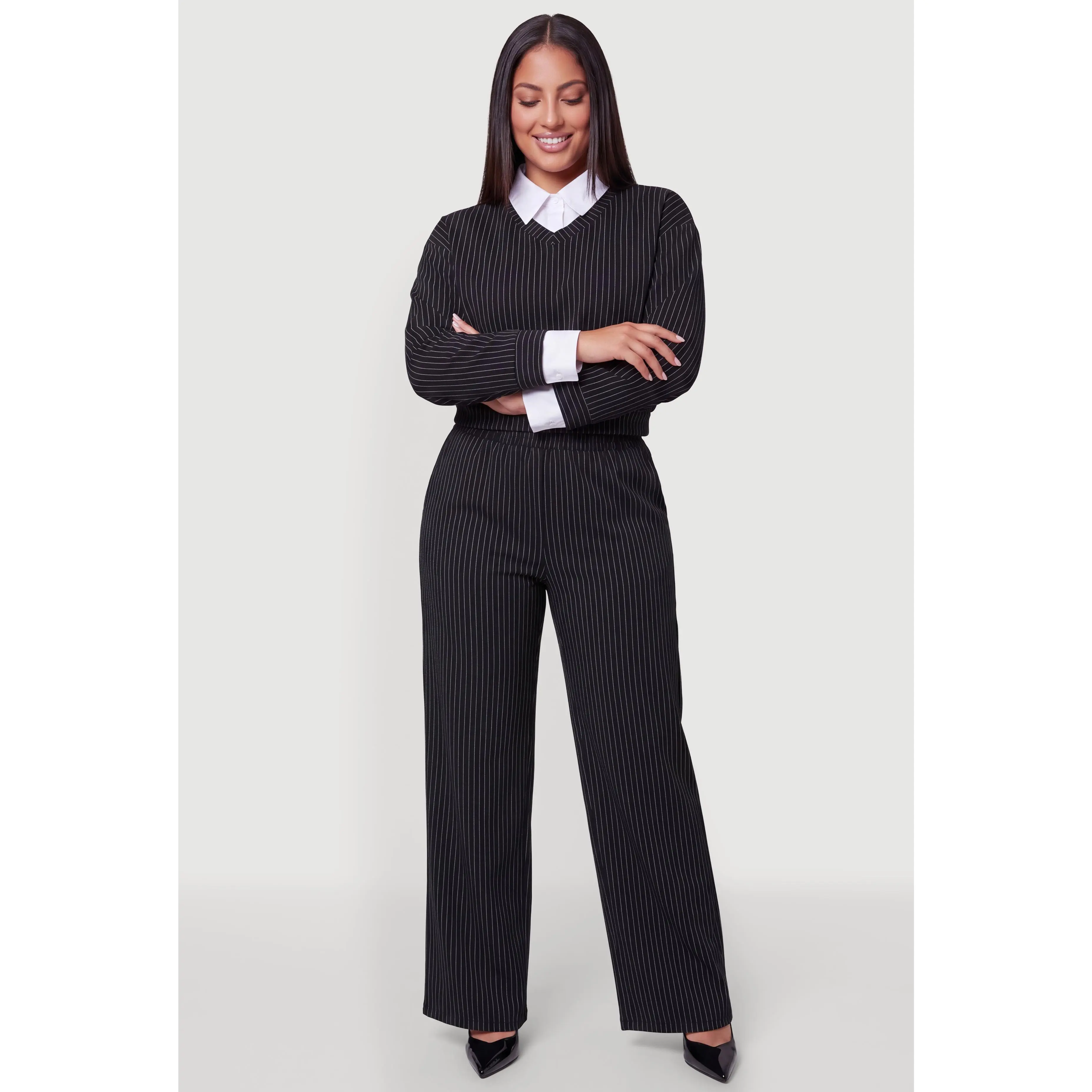 Plus Size Pinstripe Wide Leg Pull On Pants