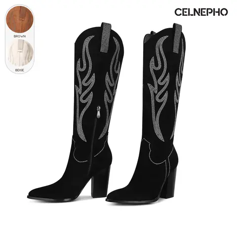 CELNEPHO Women Cowboy Boots Pointed Toe Western Reinstones Side Zipper Closure Knee Hight Boots Chunky Block Heel Easy Pull on Tabs Cowgirl Boots Country Wedding Horse Riding Casual Wear Dress Shoes