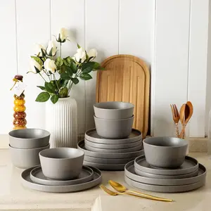 Ceramic Dinnerware Sets for 4, Modern Flat Stoneware Plates and Bowls Sets,Chip and Crack Resistant | Dishwasher & Microwave Safe Dishes Set,Scratch Resistant- Service for 4 (12pc)-Matte Gray