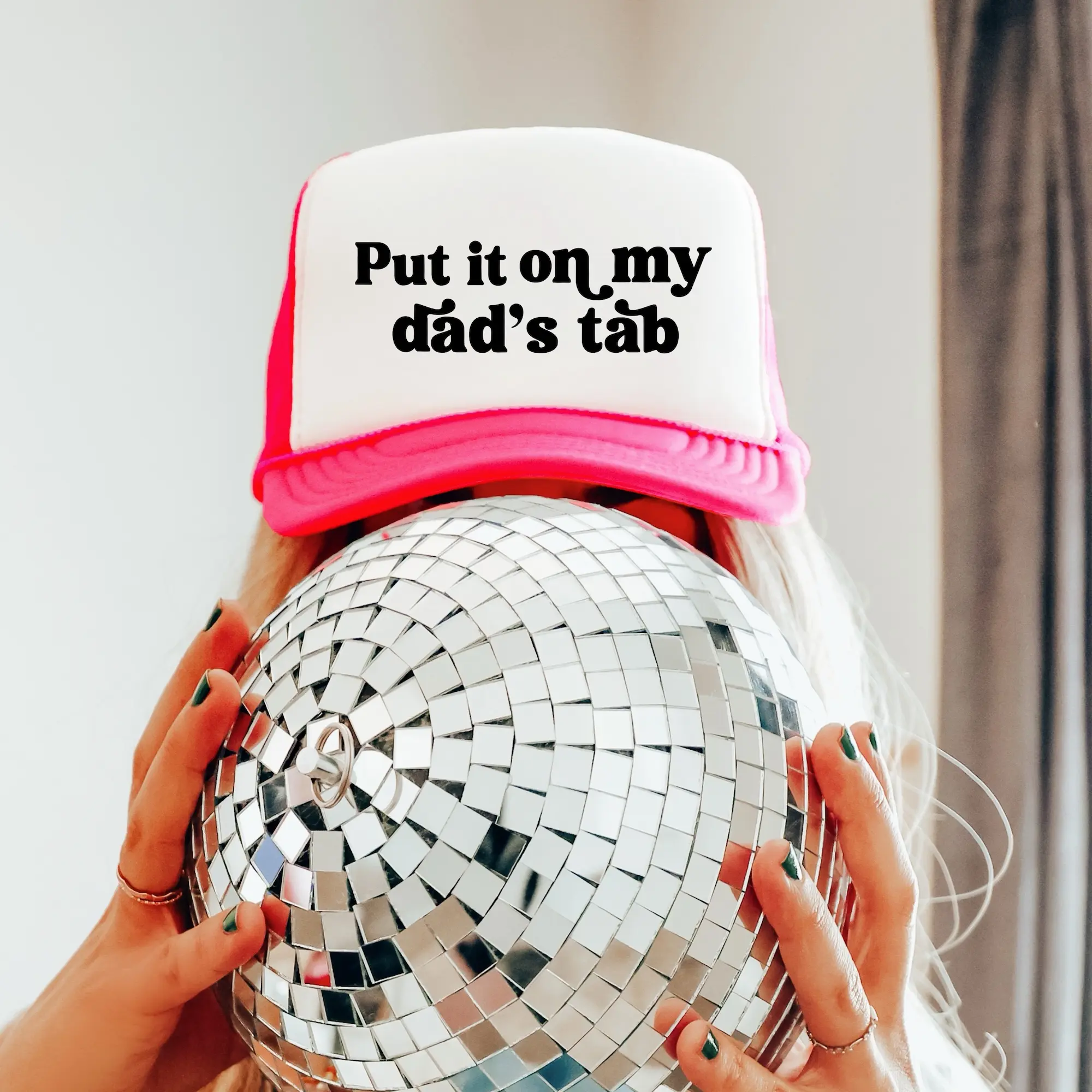 Put it on My Dad's Tab Trucker Hat for Women and Teens - Funny Quote Mesh Adjustable Cap for Daddy's Girl - Snapback Gift for Daughter