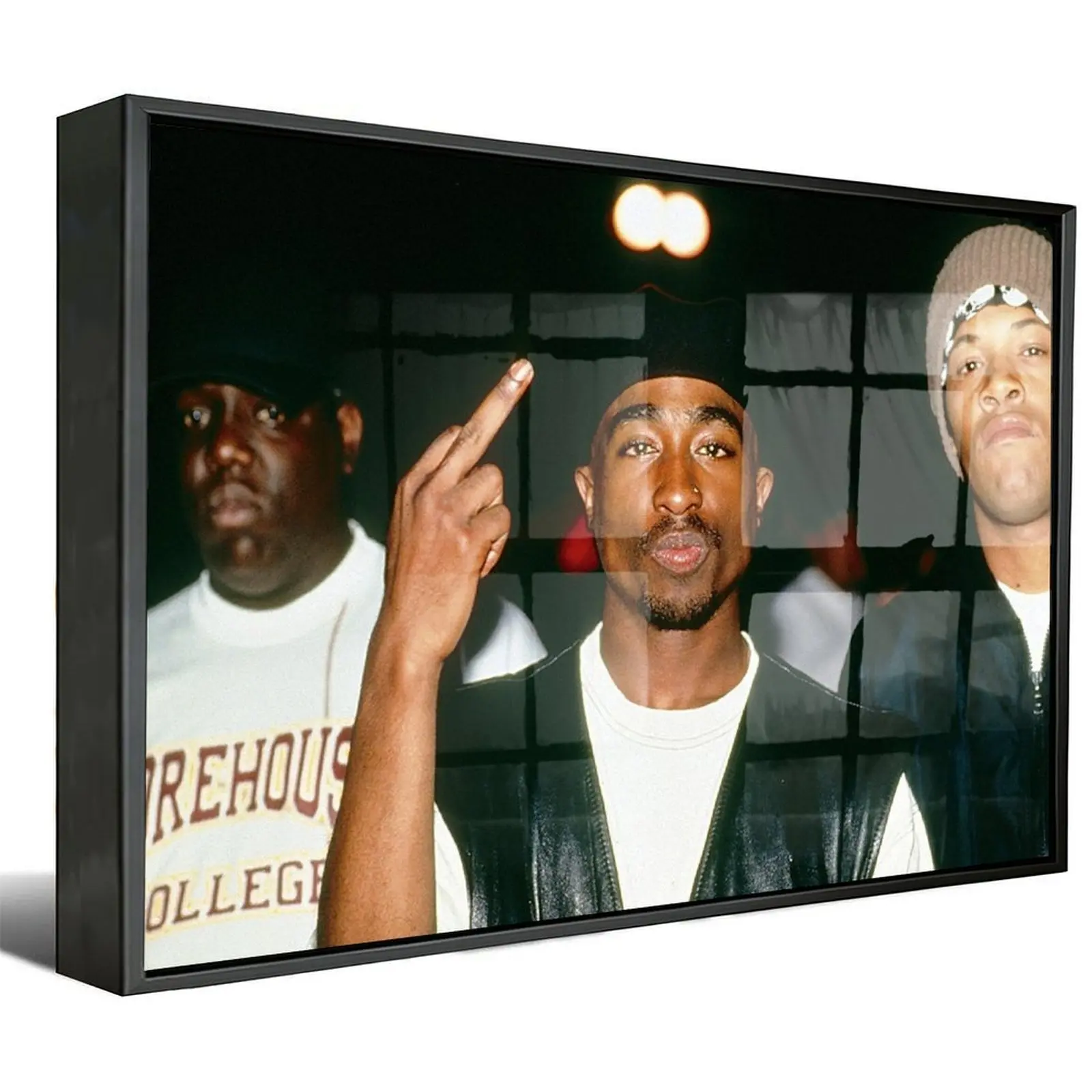 Vintage 90s hip hop legends framed canvas, iconic rap stars classic night shot retro film photography wall poster. Old school hip hop memorabilia decor for man cave, studio and dorm, perfect collectible gift for golden age rap fans.
