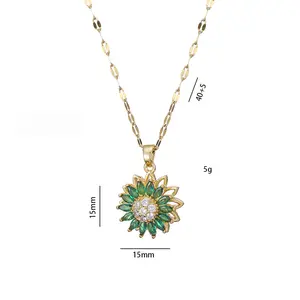 5PCS Green Rotating Sunflower Jewelry Set, Necklace for Women Trendy Style Micro-Paved Zircon Emerald Green Sunflower Rotating Choker Ring Earrings and Bracelet Set